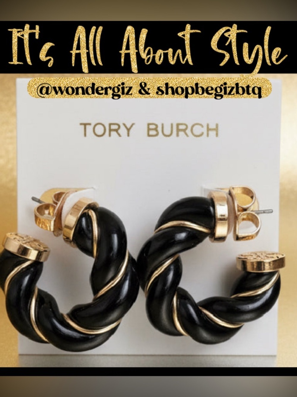 Authentic Tory Burch Black and Gold Textured Rope Hoop Earrings NWT - Picture 12 of 14
